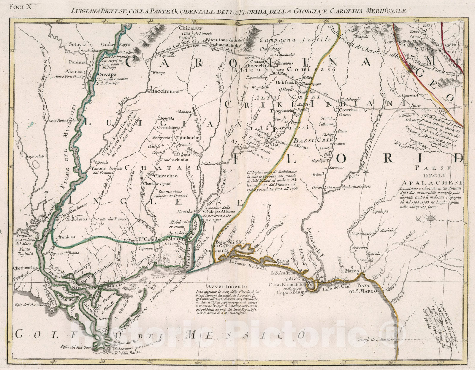 Historic Map : Luigiana Inglese, colla Parte Occidentale della Florida, della Giorgia, e Carolina Meridonale., 1778, Antonio Zatta, v2, Vintage Wall Art