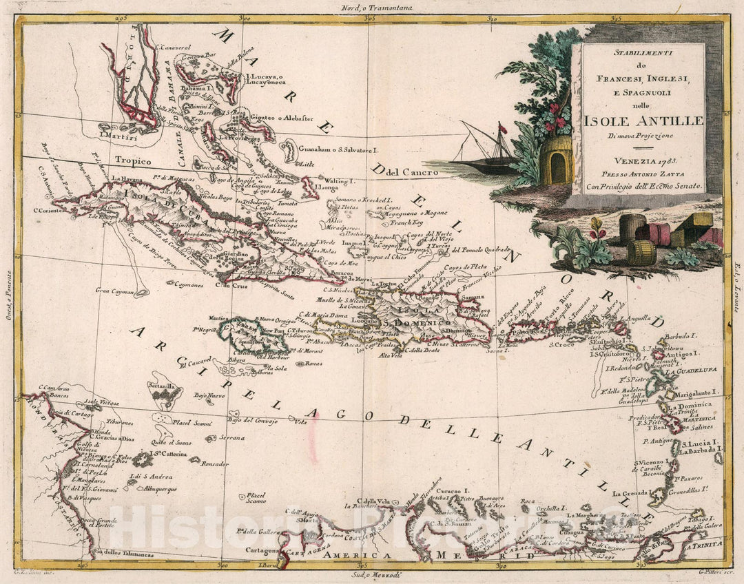 Historic Map : Stabilimenti de Francesi, Inglesi, e Spagnuoli nelle Isole Antille, 1785, Vintage Wall Art