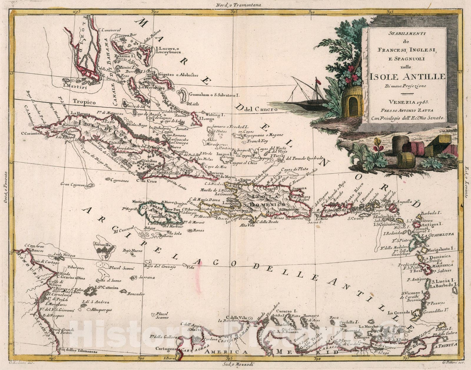 Historic Map : Stabilimenti de Francesi, Inglesi, e Spagnuoli nelle Isole Antille, 1785, Vintage Wall Art