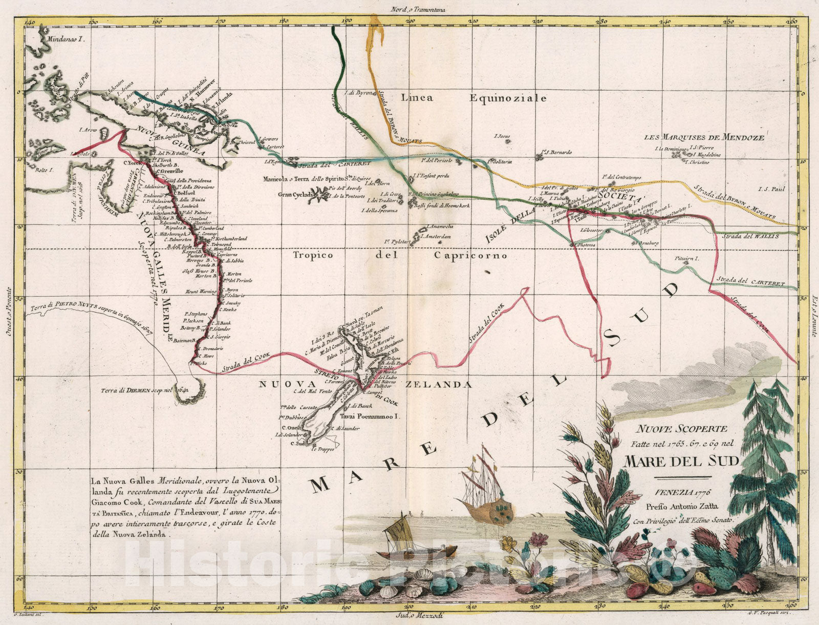 Historic Map : Nuove scoperte fatte nel 1765.67. e sixty-nine nel Mare del Sud, 1776, Vintage Wall Art