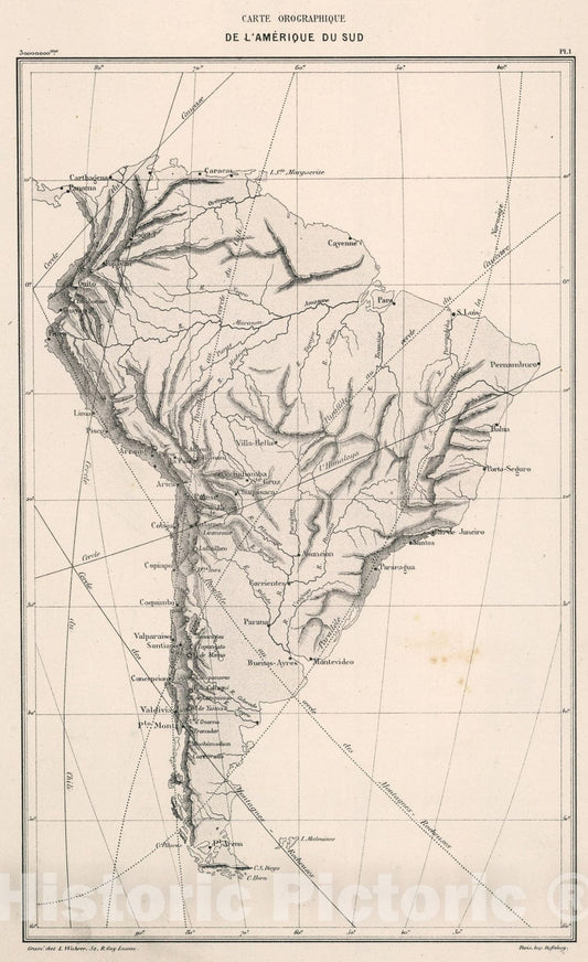 Historic Map : Carte orographique de lAmerigue du Sud, 1875, Vintage Wall Art