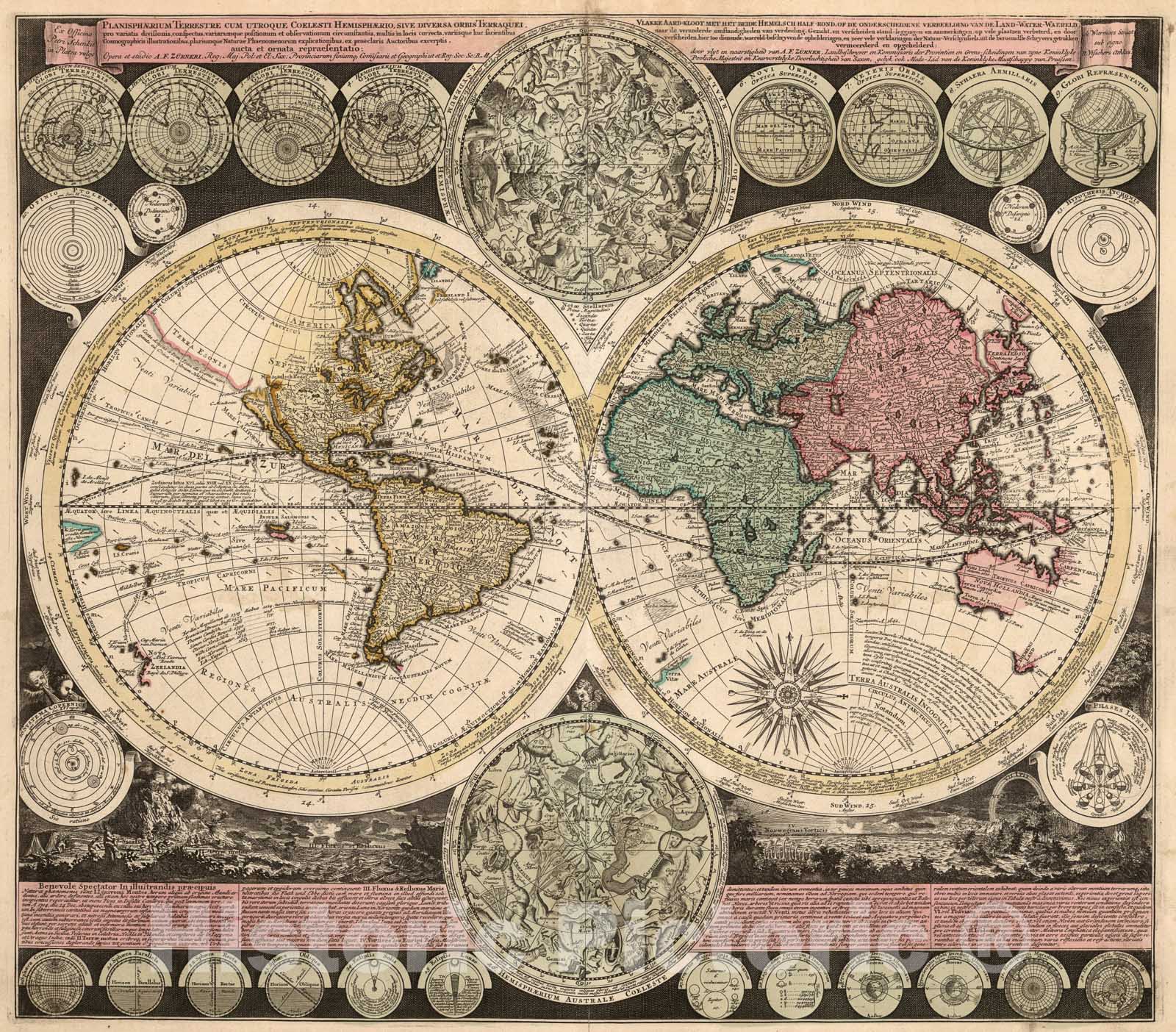 Historic Map : Planisphaerium Terrestre cum utroque Coelesti Hemisphaerio, sive Diversa Orbis Terraquei, 1700, Adam Friedrich Zurner, Vintage Wall Art