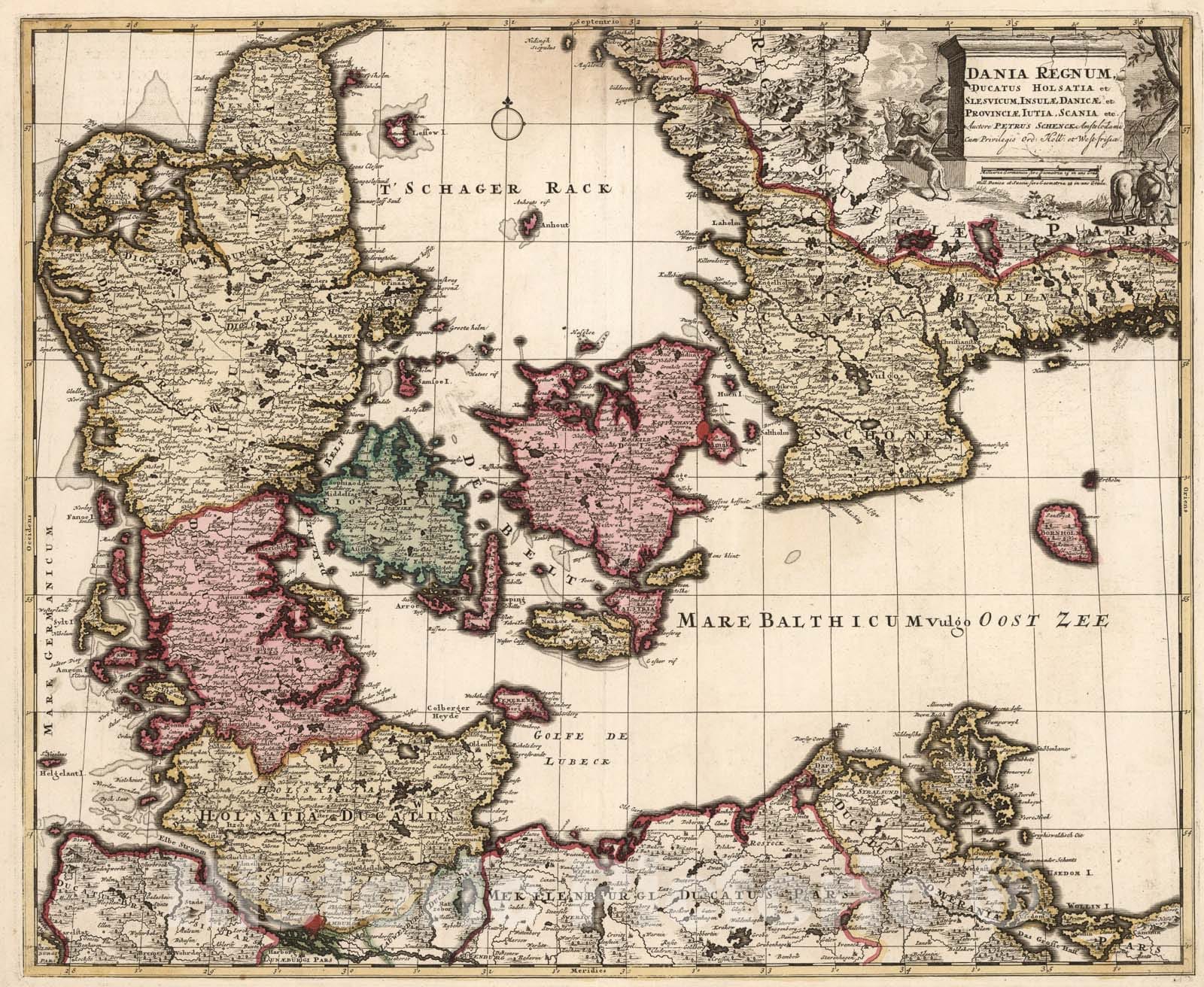 Historic Map - Dania Regnum, Ducatus Holsatia et Slesvicum Insulae Danicae et Provinciae Iutia Scania et, 1706, Peter Schenk v2