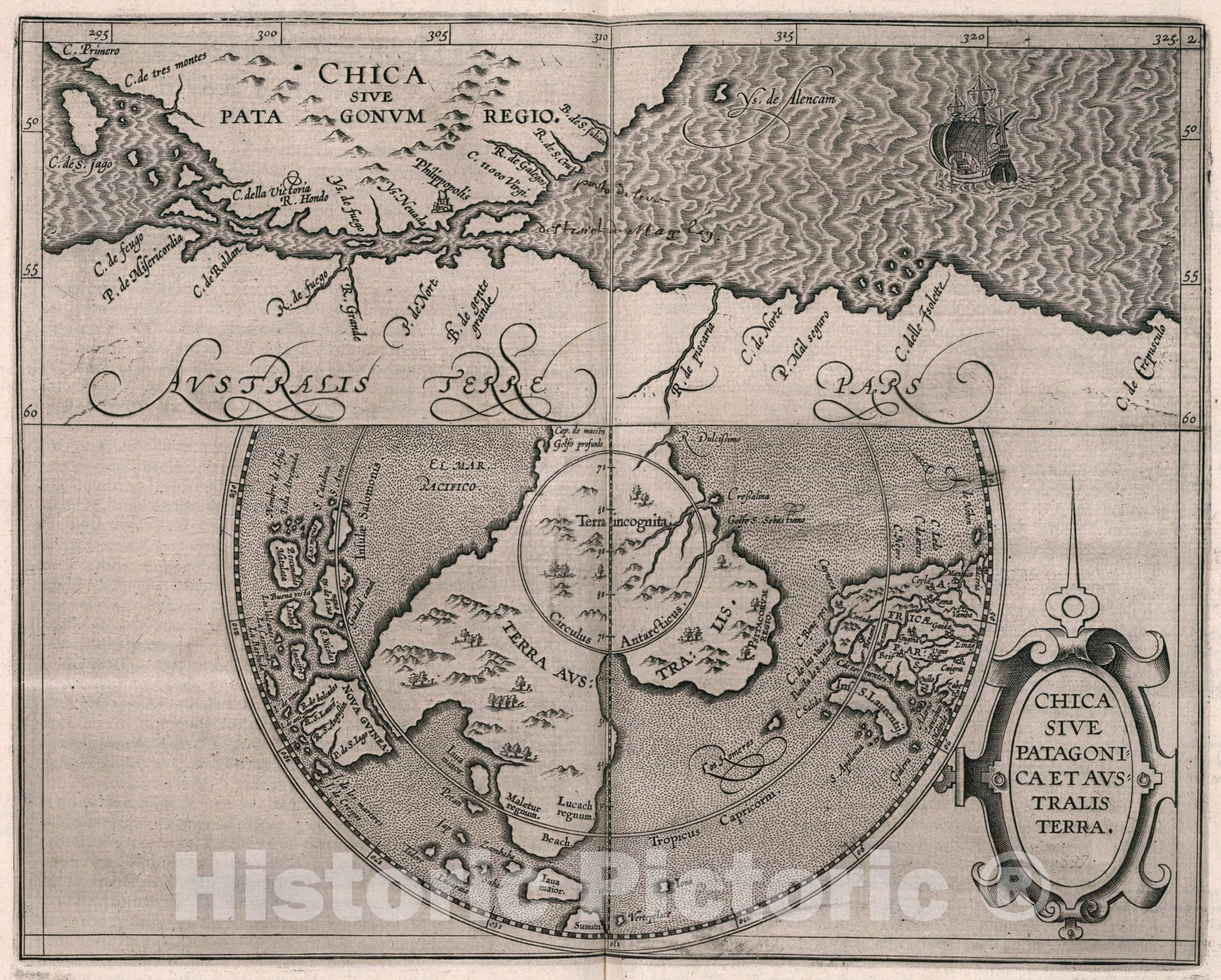Historic Map : Chica sive Patagonica et Australis Terra, 1597, Vintage Wall Art
