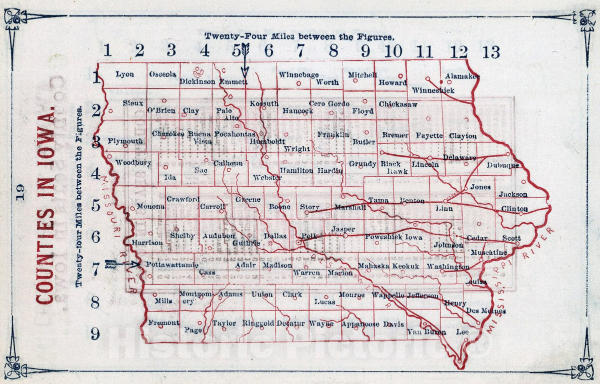 Historic Map : Counties in Iowa, 1866, Vintage Wall Art