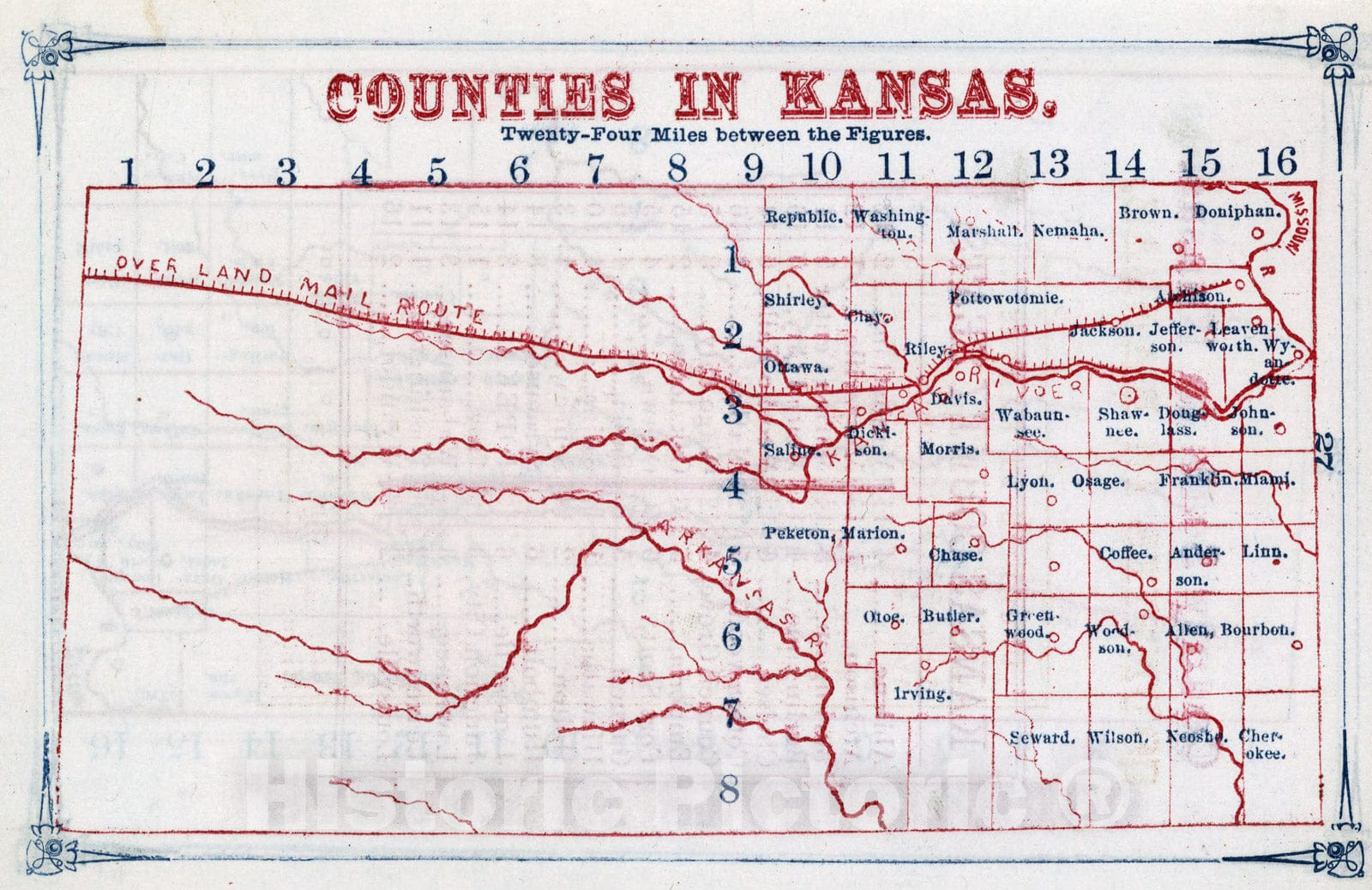 Historic Map : Counties in Kansas, 1866, Vintage Wall Art