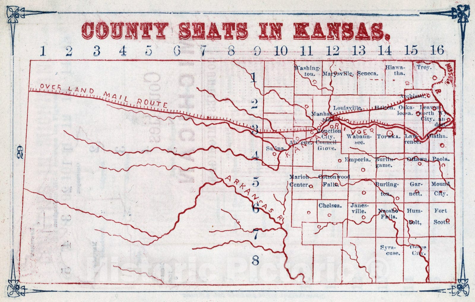 Historic Map : County Seats in Kansas, 1866, Vintage Wall Art