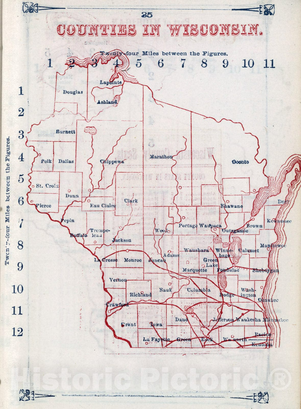 Historic Map : Counties in Wisconsin, 1866, Vintage Wall Art