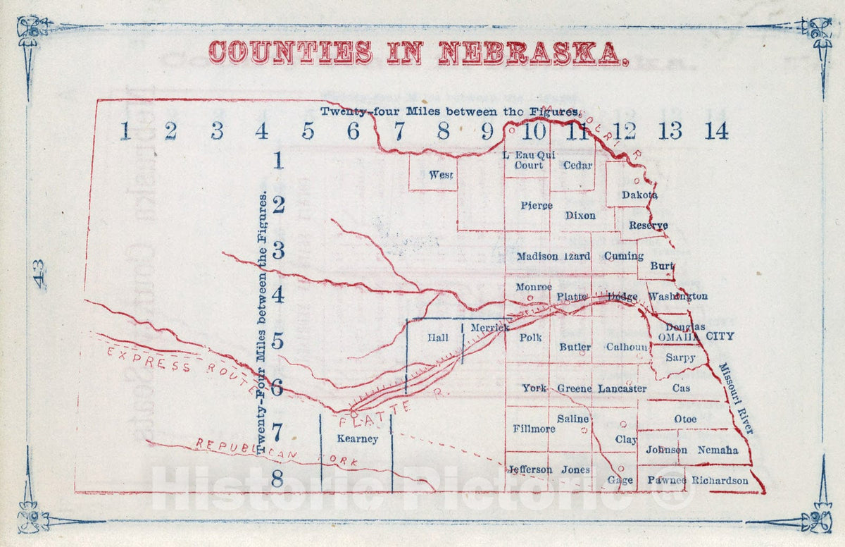 Historic Map : Nebraska Counties, 1866, Vintage Wall Art