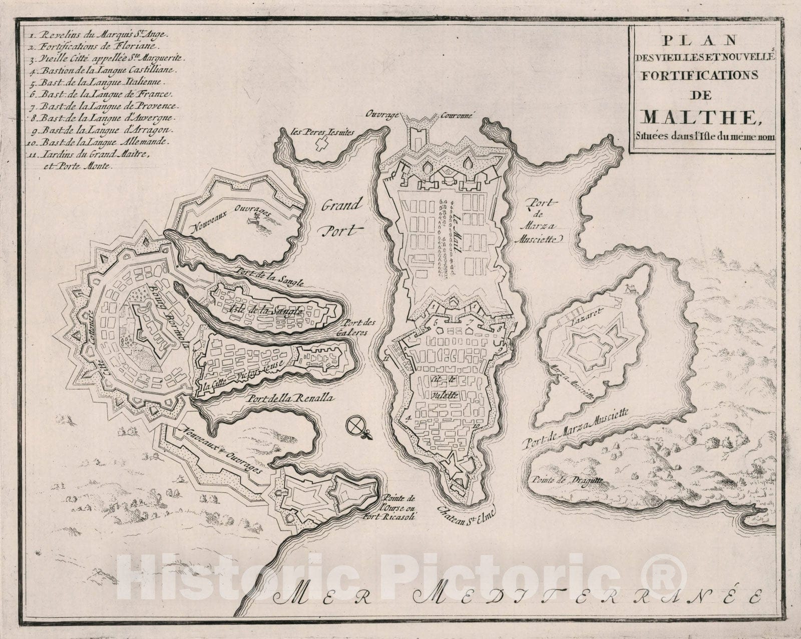 Historic Map : Plan des Vieilles et Nouvelle Fortifications de Malthe, Situees dan lIsle du meme nom., 1696, Vintage Wall Art