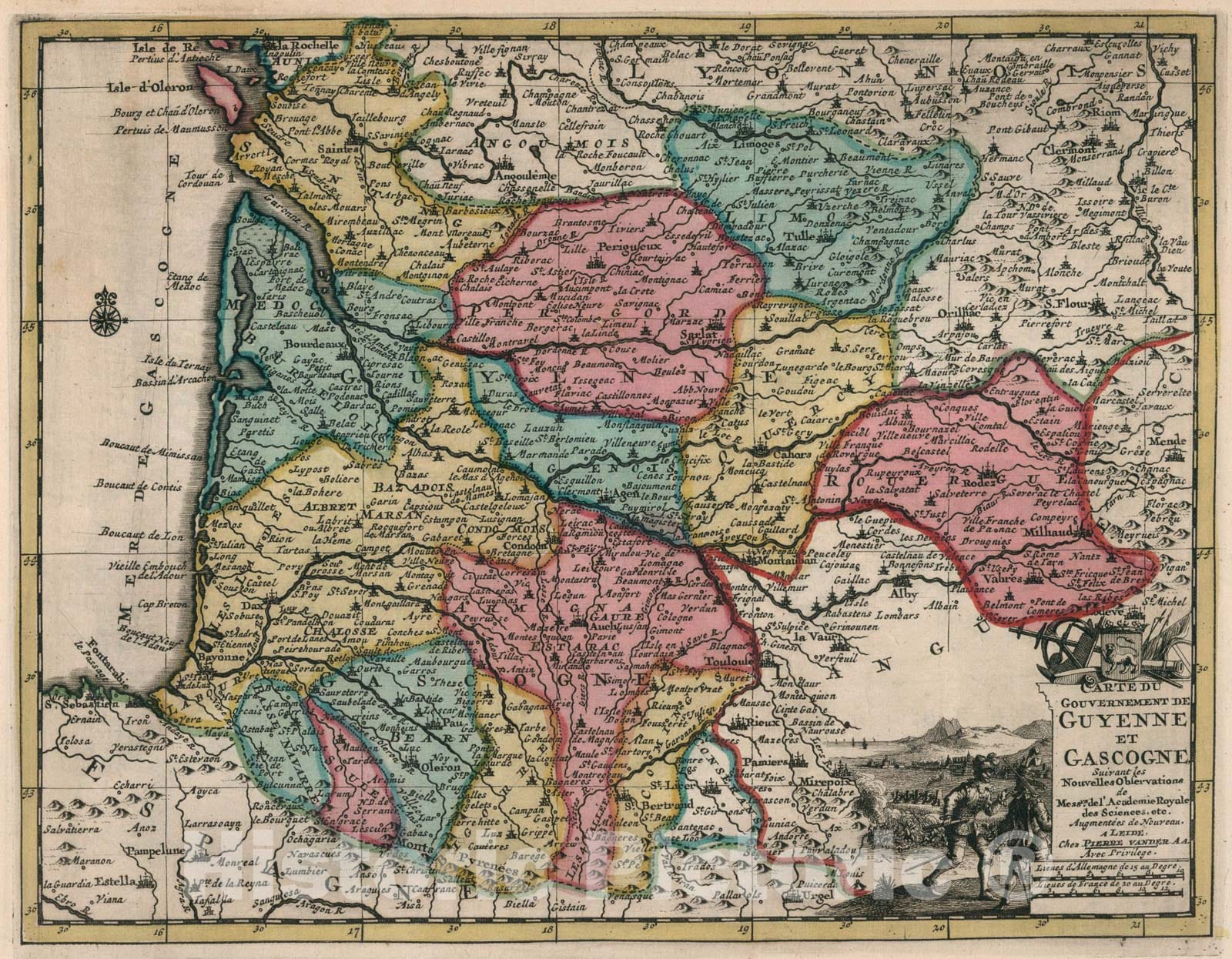 Historic Map : Carte du gouvernement de Guyenne et Gascogne, 1714, Vintage Wall Art