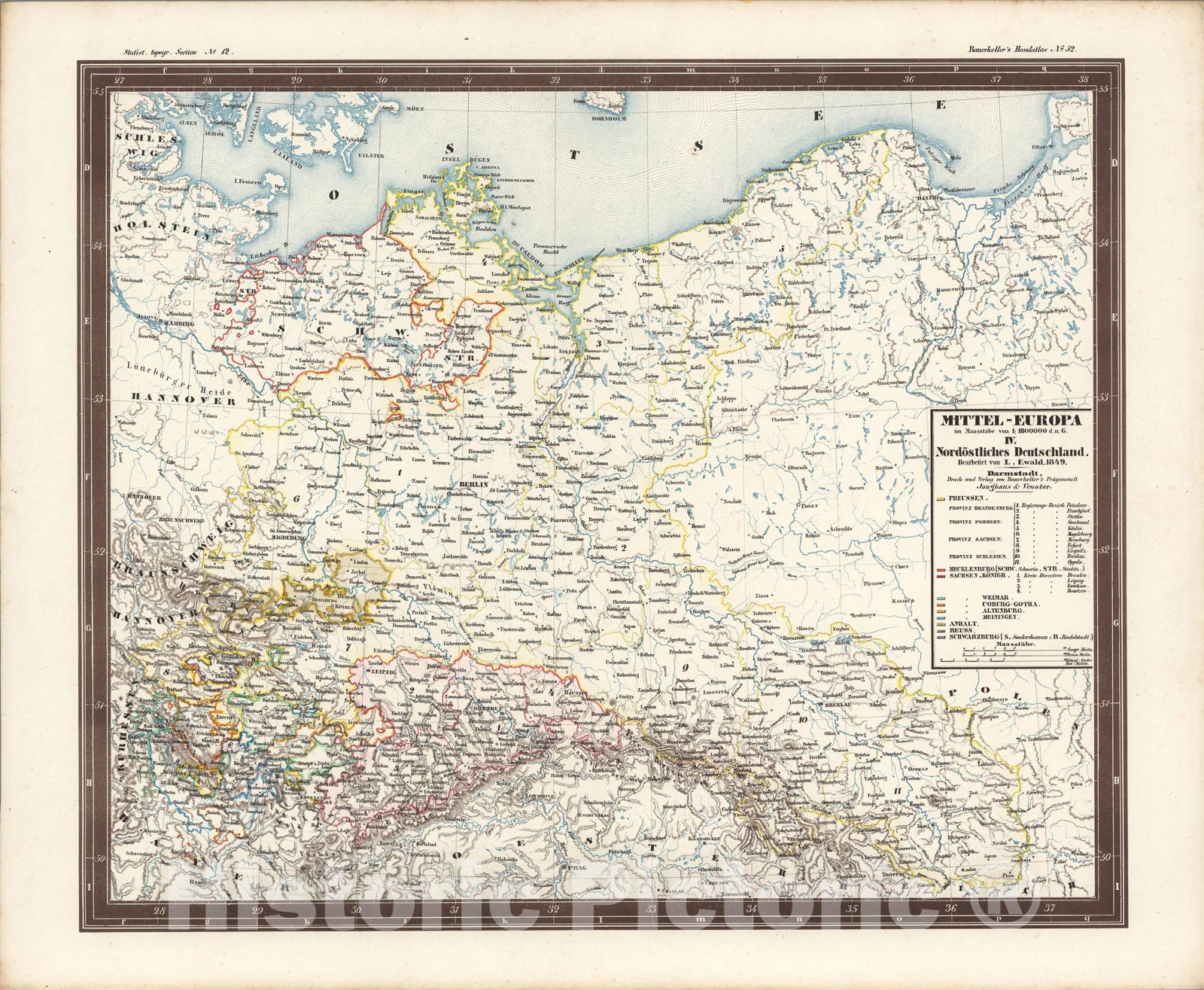 Historic Map : No. 52. Mittel - Europa ... IV. Nordoestliches Deutschland., 1849, Vintage Wall Art