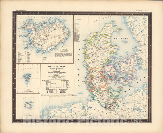 Historic Map : No. 61. Mittel - Europa ... VI. Daenemark, Schleswig, Holstein and Lauenburg. Island., 1850, Vintage Wall Art