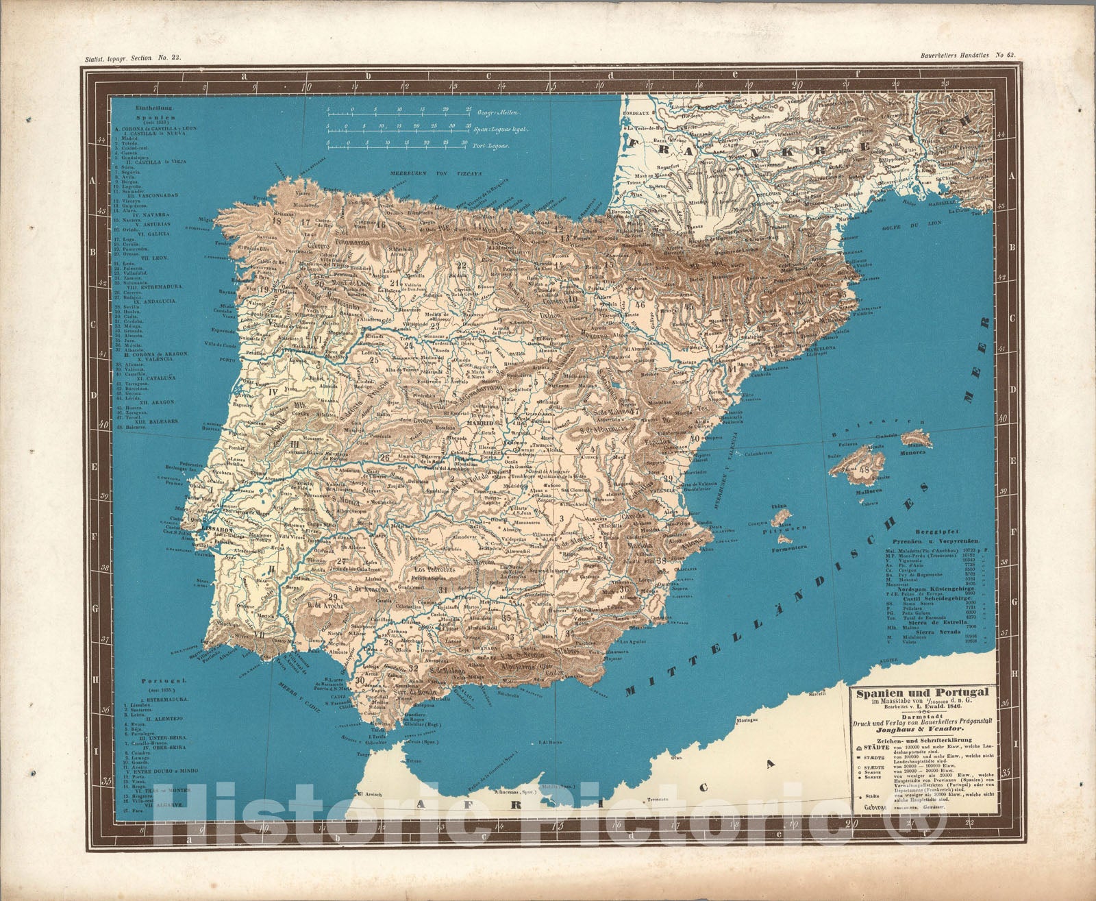 Historic Map : No. 62. Spanien und Portugal., 1846, Vintage Wall Art