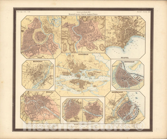 Historic Map : No. 79. Wien. Muenchen. Berlin. Rom. Stockholm. Neapel. Amsterdam. Kopenhagen. Buessel. Florenz., 1850, Vintage Wall Art