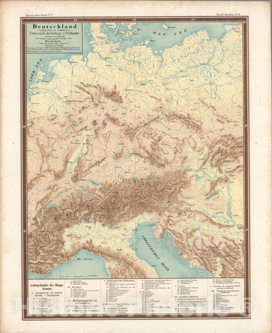 Historic Map : No. 32. Deutschland ... Uebersicht der Gebirgs- u. Tieflaender., 1860, Vintage Wall Art