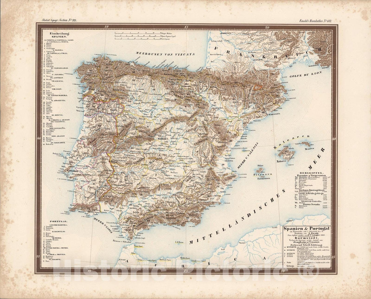 Historic Map : No. 62. Spanien und Portugal., 1861, Vintage Wall Art