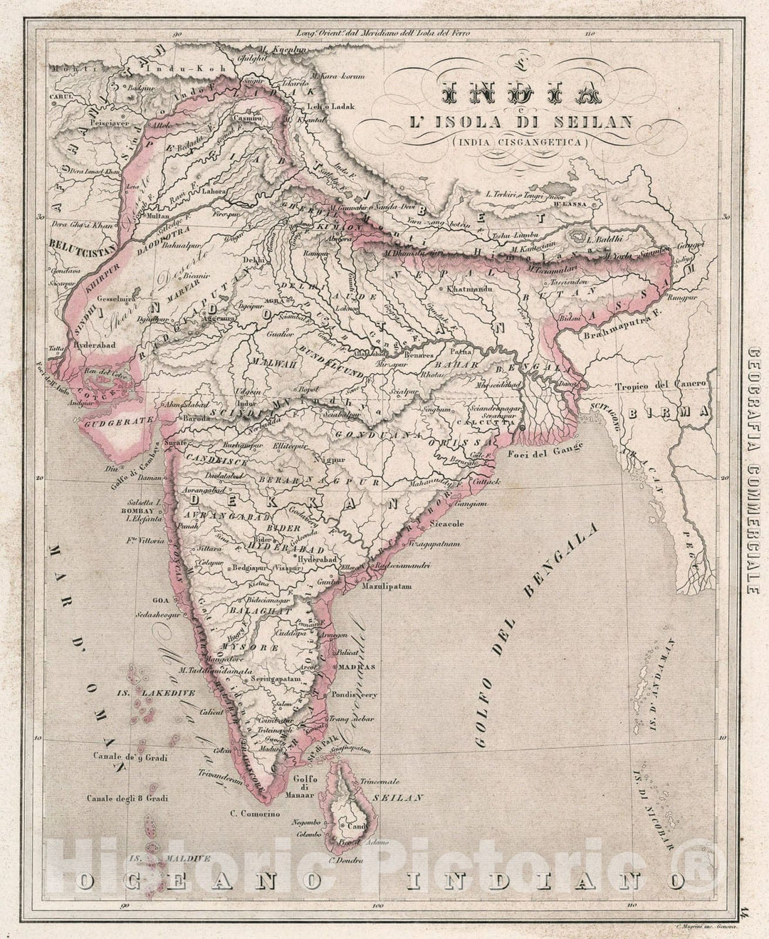 Historic Map : 14. India, lInsola di Seilan., 1858, Vintage Wall Art