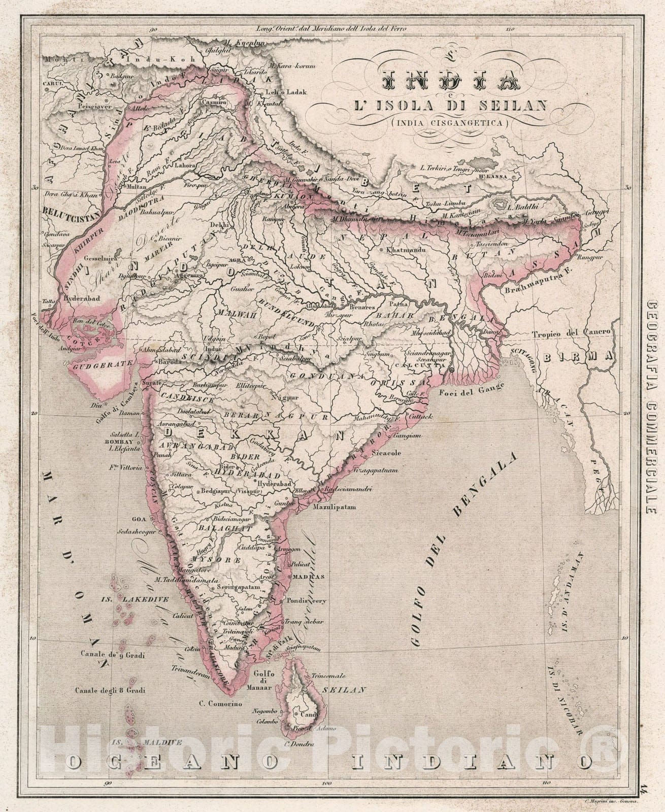 Historic Map : 14. India, lInsola di Seilan., 1858, Vintage Wall Art