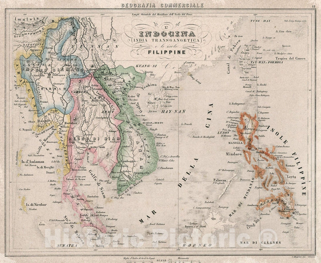Historic Map : 15. LIndocina (India Transgangetica) le insole Filippine., 1858, Vintage Wall Art