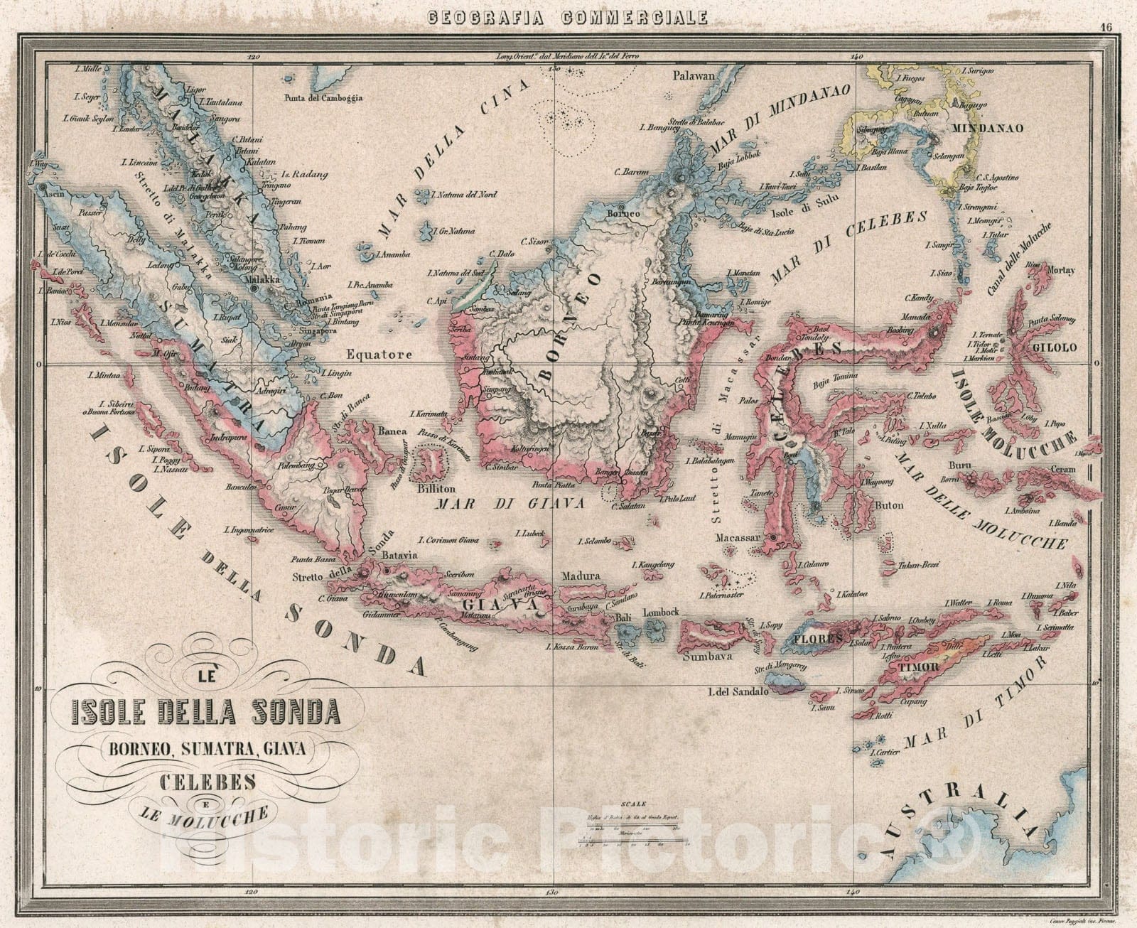 Historic Map : 16. Le Isole della Sonda, Borneo, Sumatra, Giava, Celebes e le Molucche., 1858, Vintage Wall Art