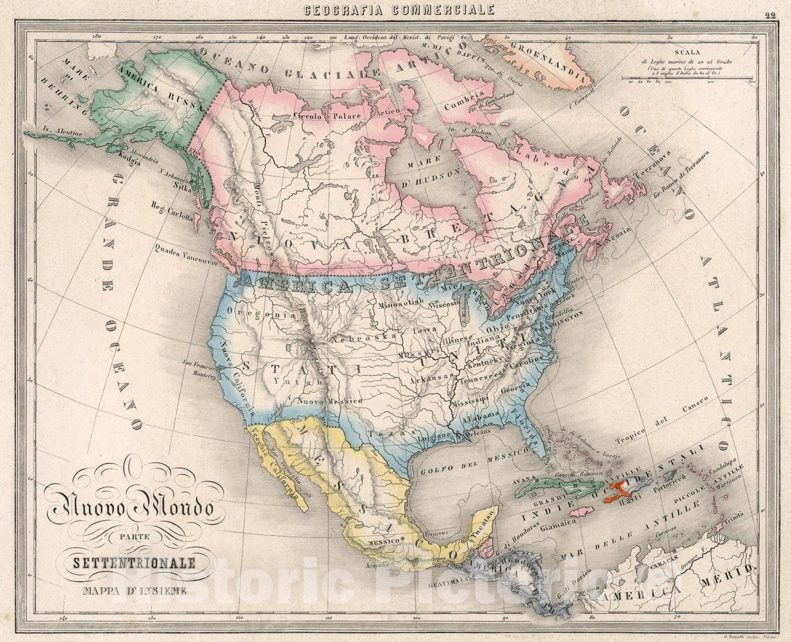 Historic Map : 22. Nuovo Mondo Parte Settentriole Mappa dInsieme., 1858, Vintage Wall Art