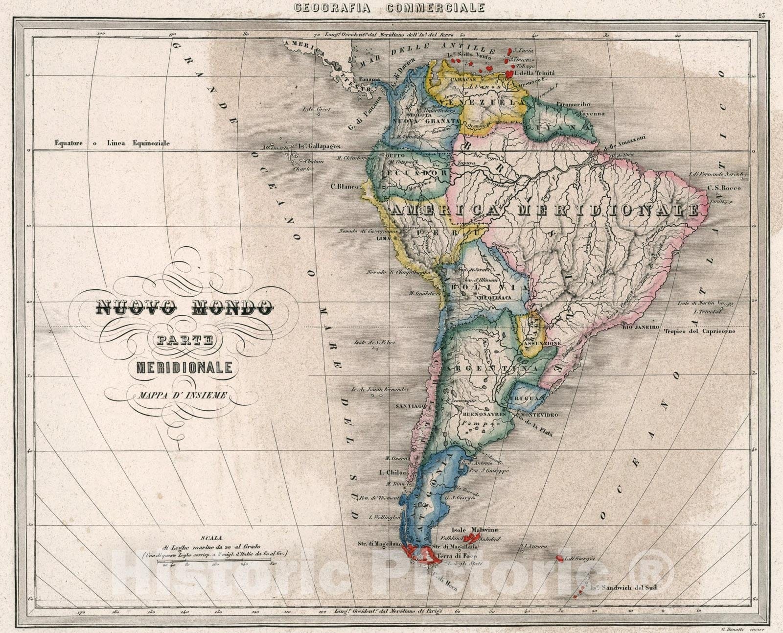 Historic Map : 23. Nuovo Mondo Parte Meridionale mappa dInsieme., 1858, Vintage Wall Art