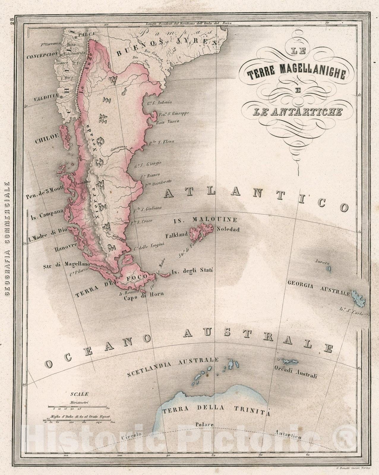 Historic Map : 28. Le Terre Magellanighe e Le Antartiche., 1858, Vintage Wall Art