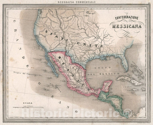 Historic Map : 29. Confederazione Messicana., 1858, Vintage Wall Art