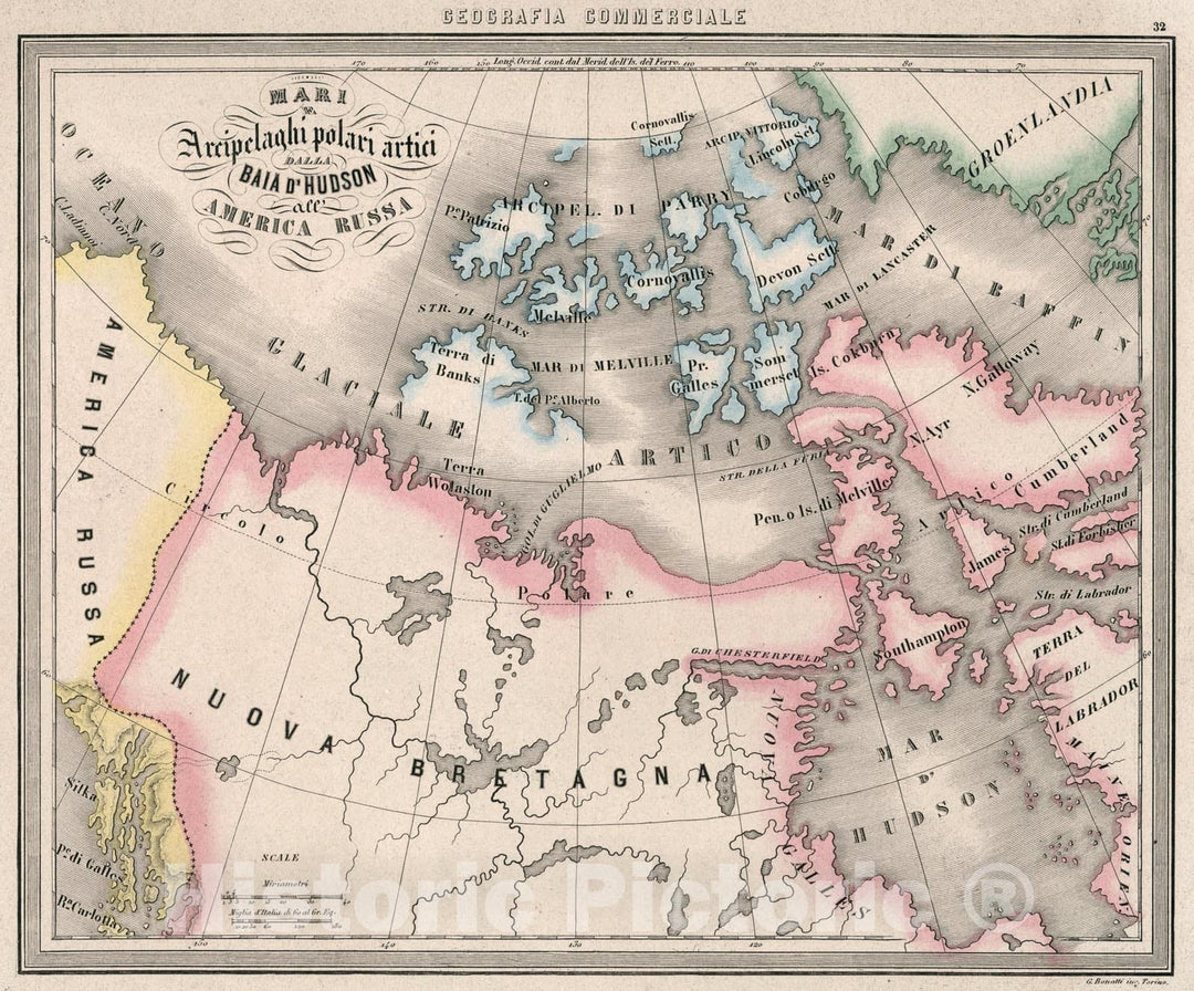 Historic Map : 32. Mari Archipelaghi polari artici dalla Baia dHudson all America Russa., 1858, Vintage Wall Art