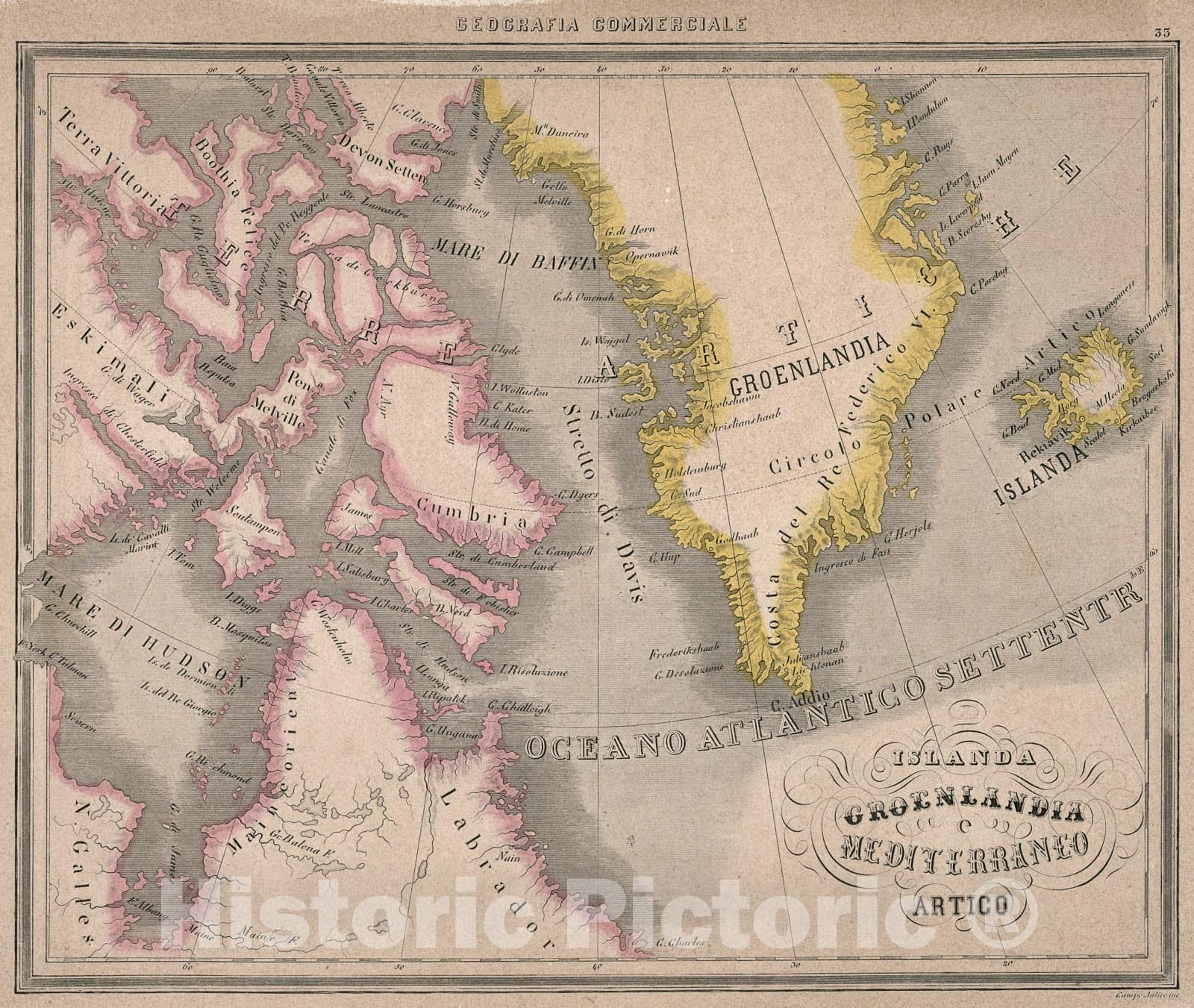 Historic Map : 33. Islanda Groenlandia e Mediterraneo Artico., 1858, Vintage Wall Art