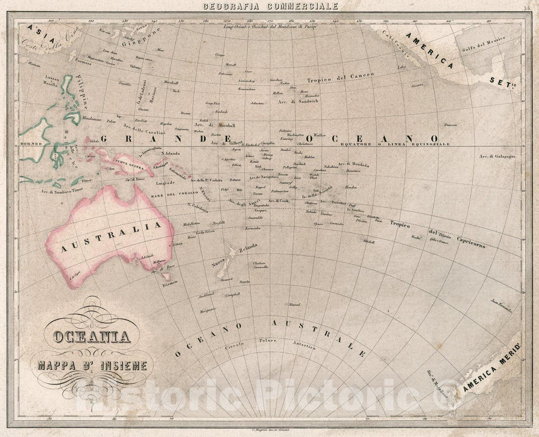 Historic Map : 35. Oceania, Mappa dInsieme., 1858, Vintage Wall Art