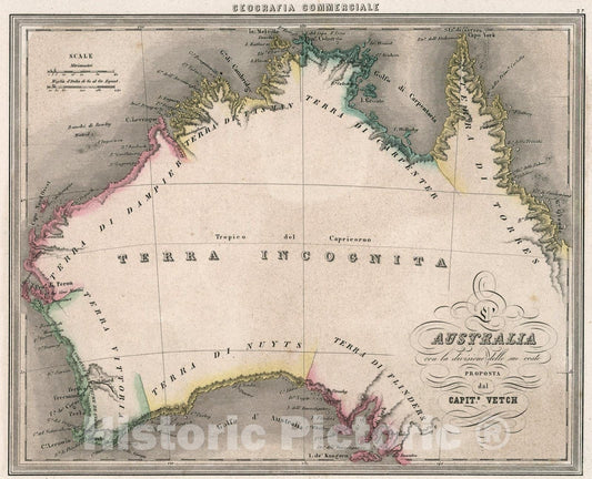 Historic Map : 37. LAustralia con la divisione delle sue coste Proposta dal Capito. Vetch., 1858, Vintage Wall Art