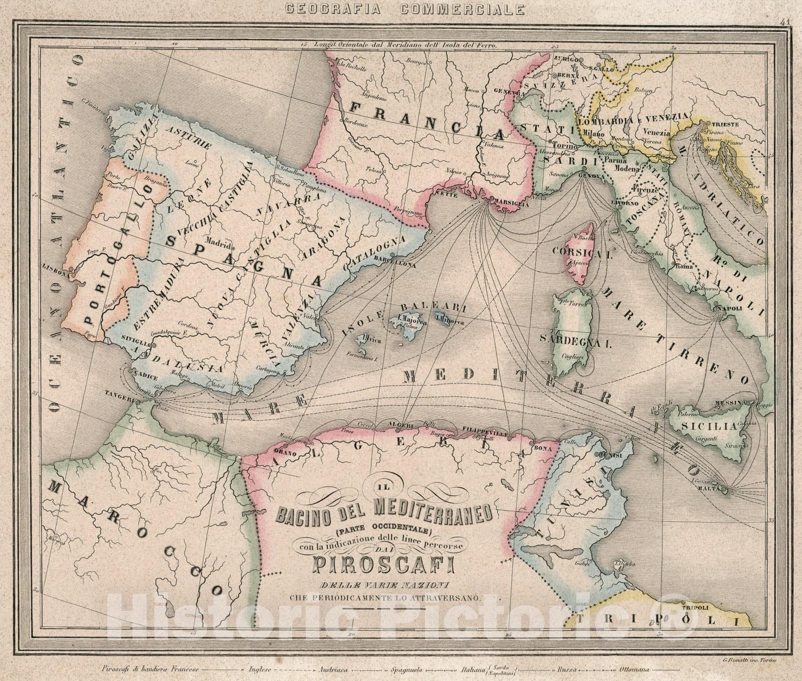 Historic Map : 41. Il Bacino del Mediterraneo (Parte Occidentale) 1858, Vintage Wall Art
