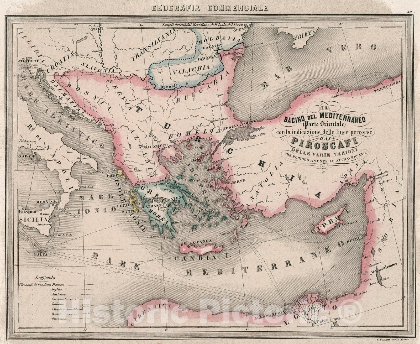 Historic Map : 42. Il Bacino del Mediterraneo (Parte Orientale) , 1858, Vintage Wall Art