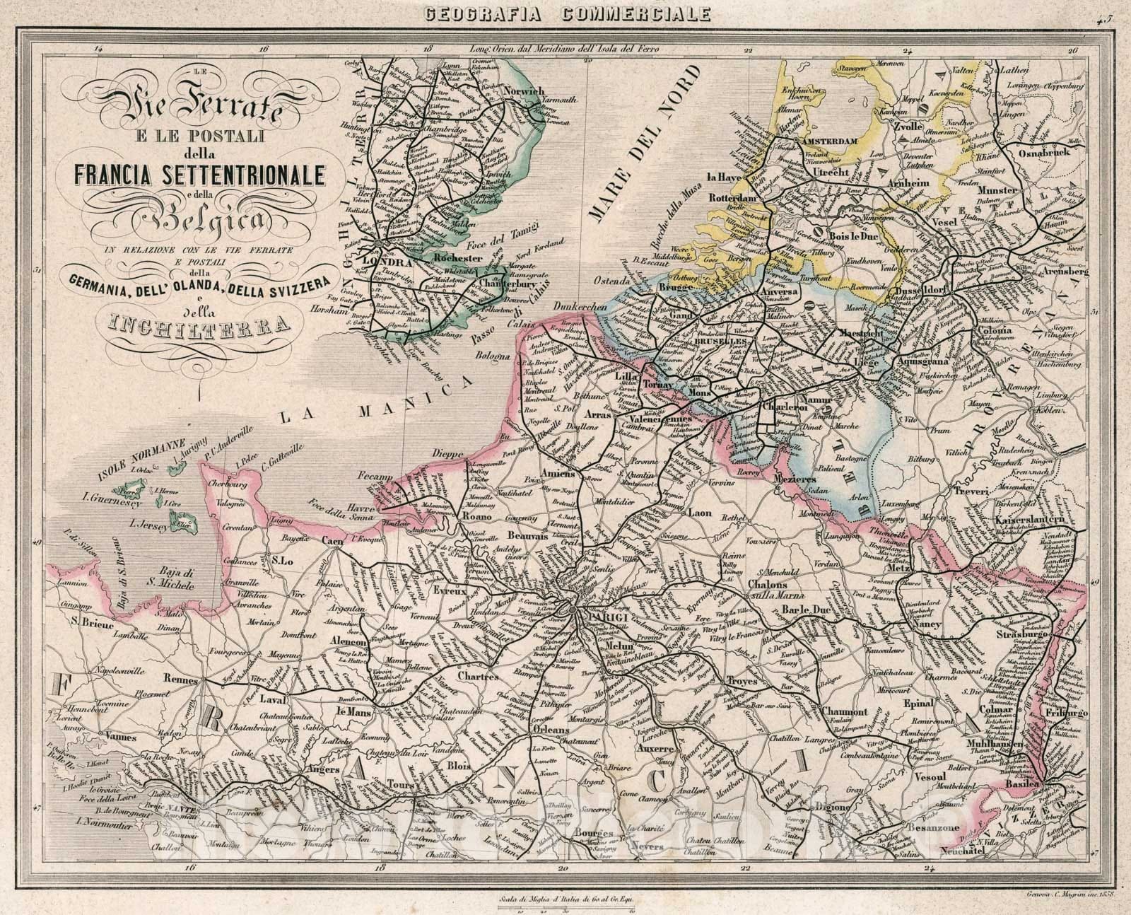 Historic Map : 45. Le Vie Ferrate e le Postali della Francia Settentrionale e della Belgica in Relazione con le Vie Ferrate e Postali della Germania, ., 1858, Vintage Wall Art