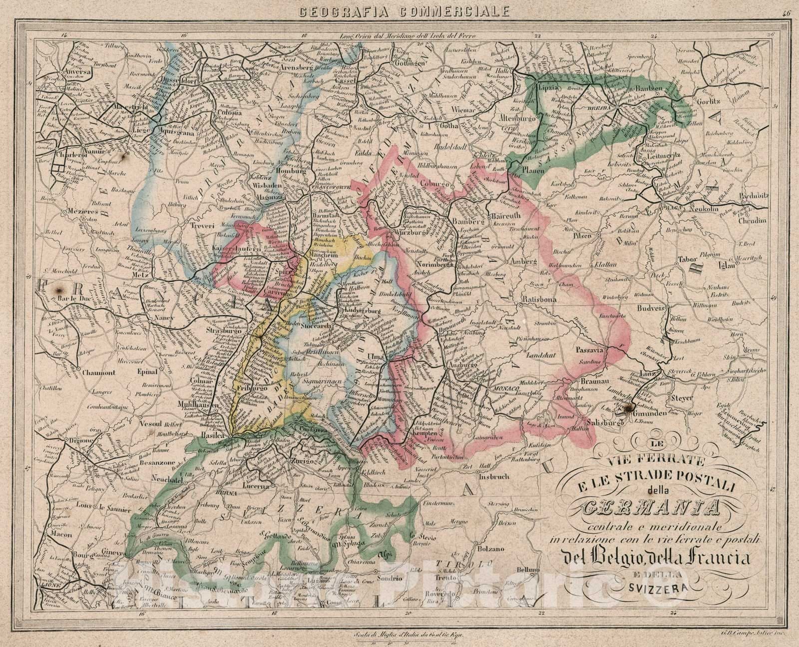 Historic Map : 46. Le Vie Ferrate e le Strade Postali della Germania , 1858, Vintage Wall Art