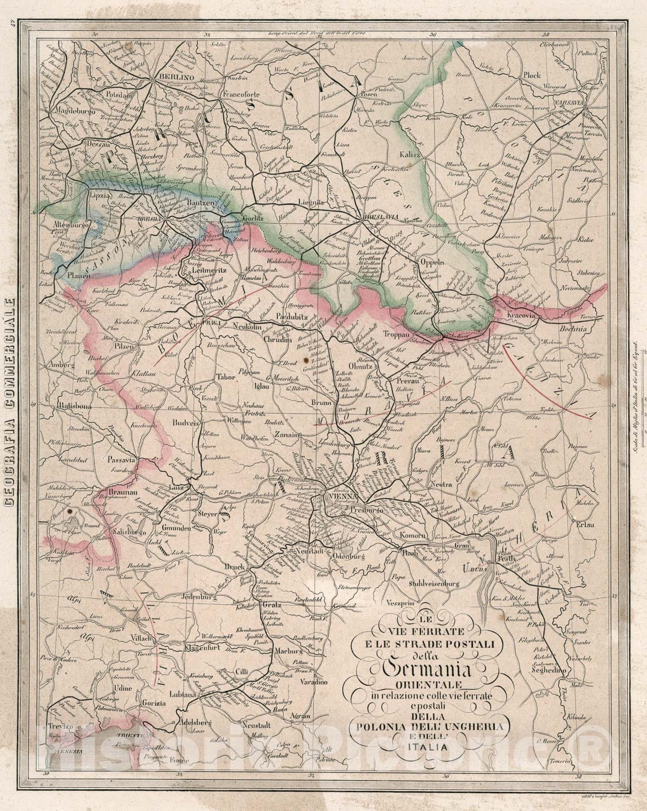 Historic Map : 47. Le Vie Ferrate e le Strade Postali della Germania Orientale, 1858, Vintage Wall Art