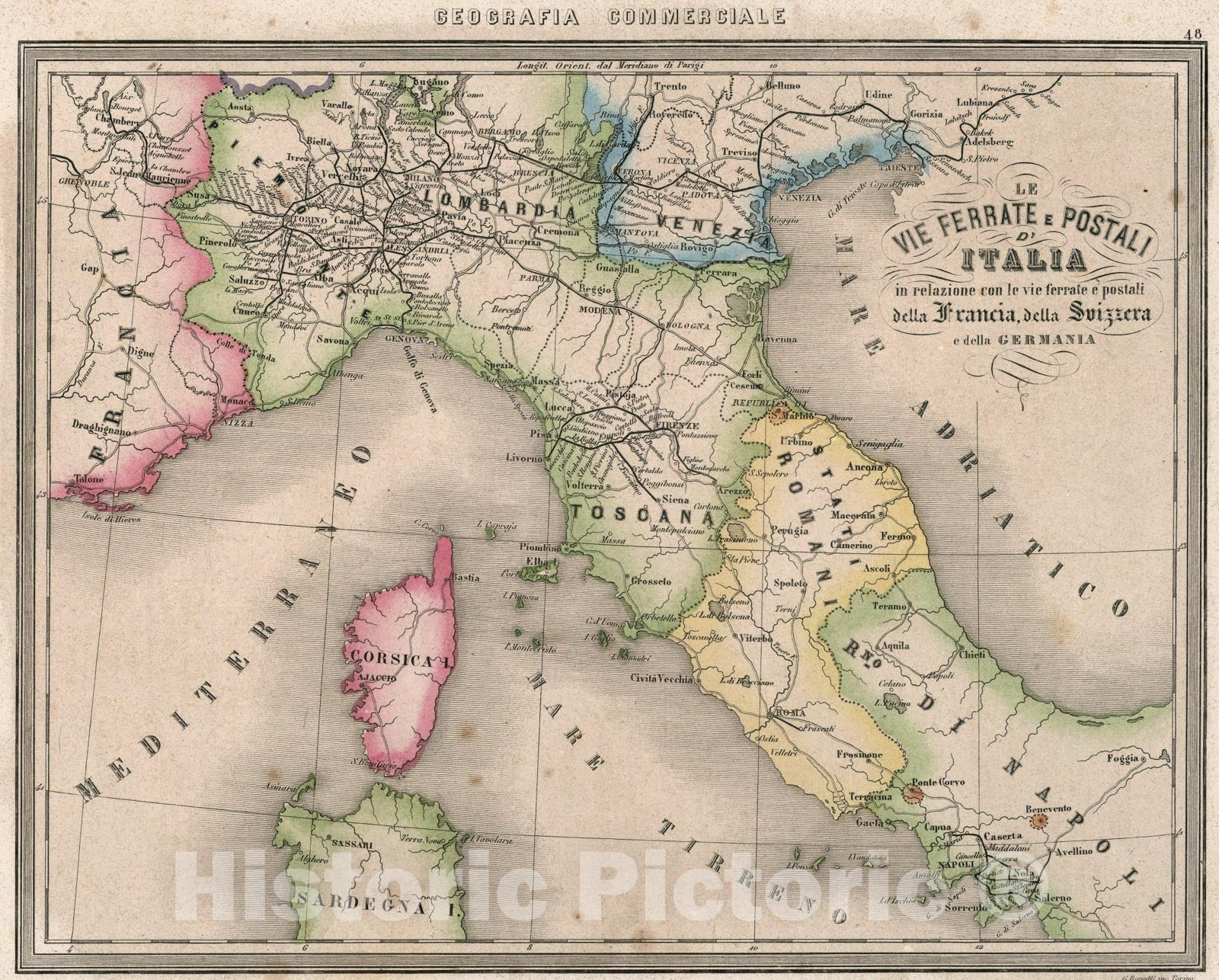 Historic Map : 48. Le Vie Ferrate e Postali dItalia in relazione con la vie ferrate et postali della Francia, della Svizera e della Germania., 1858, Vintage Wall Art