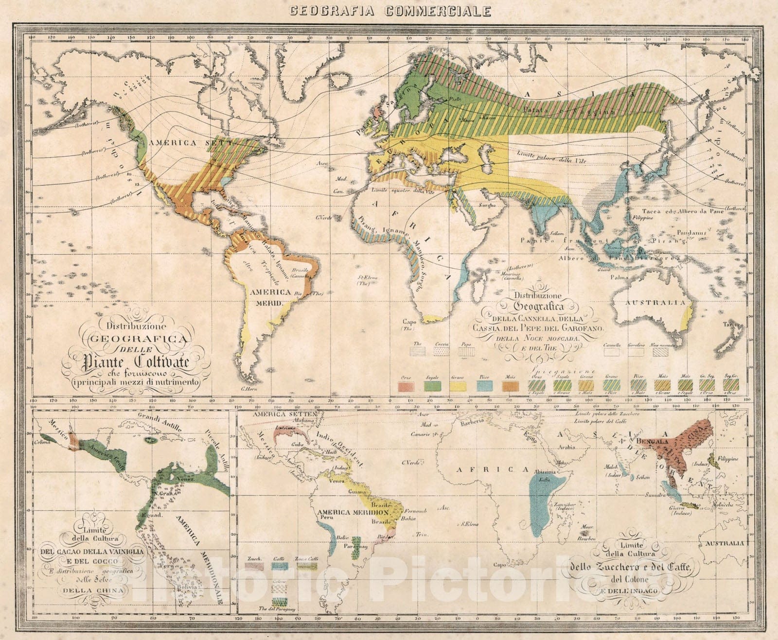 Historic Map : 50. Distribuzione Geografica delle Piante Coltivate che foruiscoue i principali mezzi di nutrimento., 1858, Vintage Wall Art