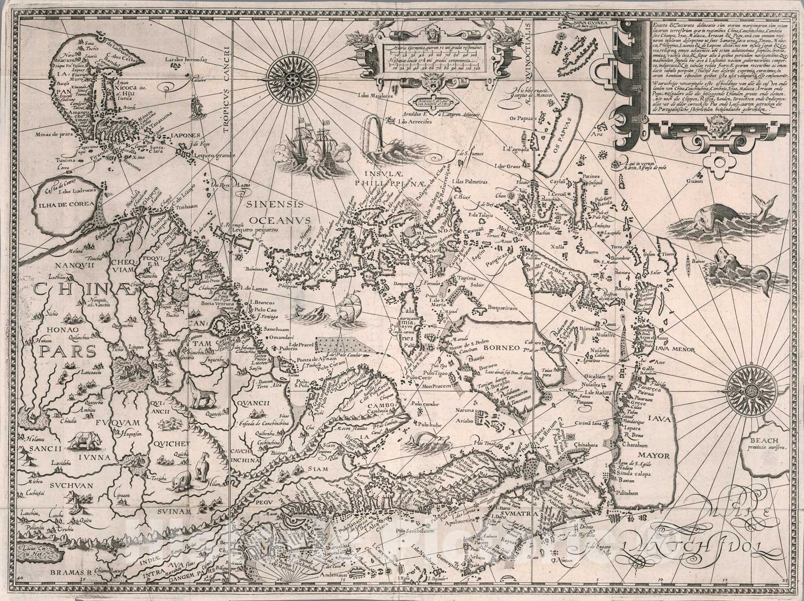 East Asia, China, Indochina, Malacca, Sumatra, Java, Moluccas, Philippines and Japan - River Map, 1595