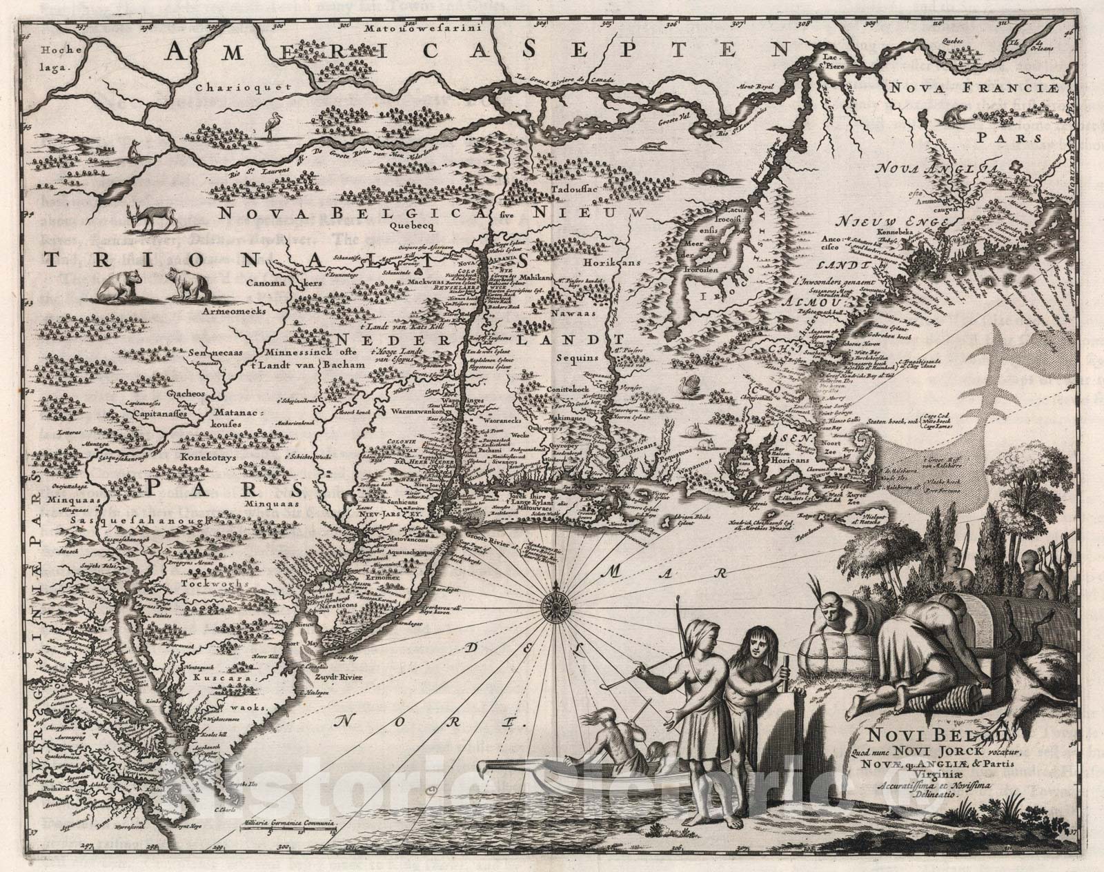 Historic Map : Novi Belgii, Quod nune Novi Jorck vocatur, Novae Angliae & Partis Virginiae., 1671, Vintage Wall Art