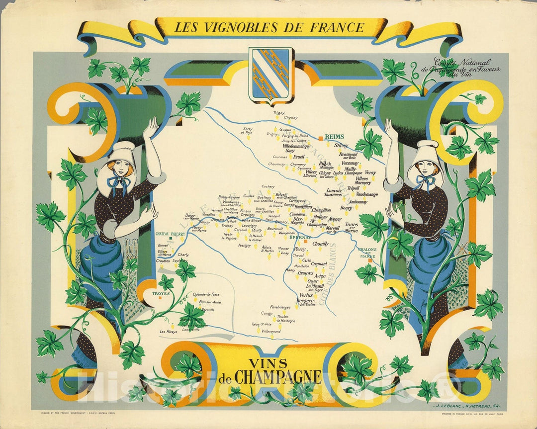 Historic Map : Les Vignobles de France. Vins de Champagne., 1954, Vintage Wall Art