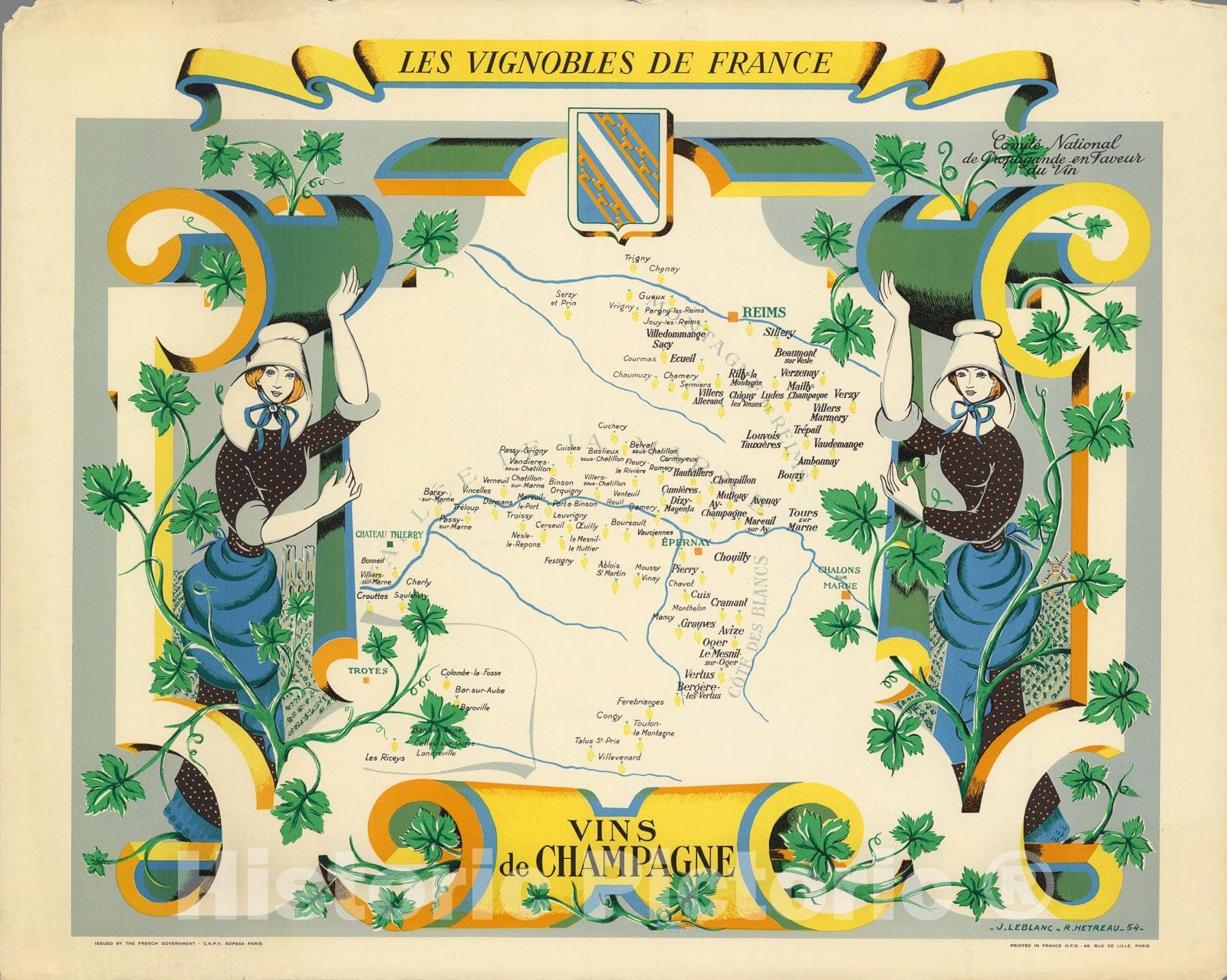 Historic Map : Les Vignobles de France. Vins de Champagne., 1954, Vintage Wall Art