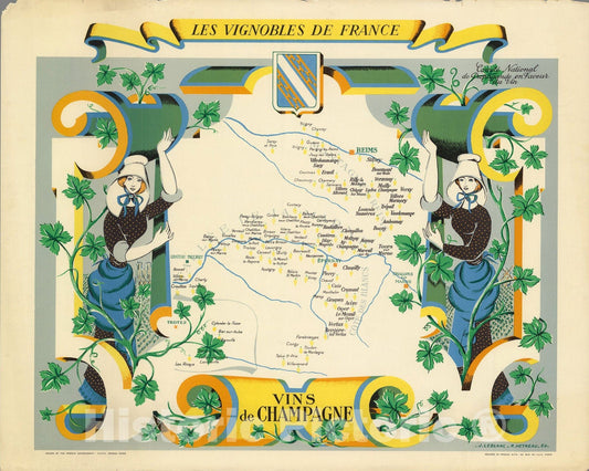 Historic Map : Les Vignobles de France. Vins de Champagne., 1954, Vintage Wall Art