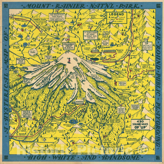 Historic Map : A Hysterical Map of Mount Rainier National Park. Year Around Public Playground. High White and Handsome., 1940, Vintage Wall Art