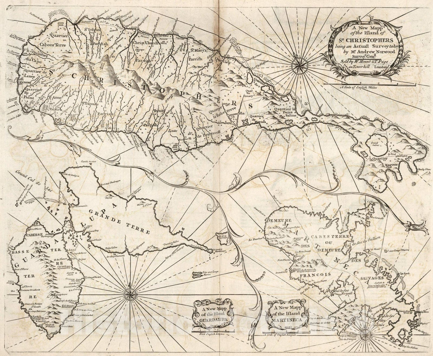 Historic Map : New Mapp of the Island of St. Christophers being an Actuall Survey taken by Mr. Andrew Norwood Surveyr. Genll., 1794, Vintage Wall Art