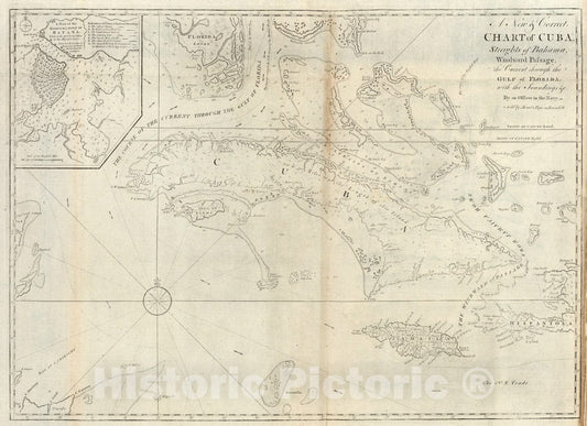 Historic Map : New & Correct Chart of Cuba, Streights of Bahama, Windward Passage, the Current through the Gulf of Florida., 1794, Vintage Wall Art