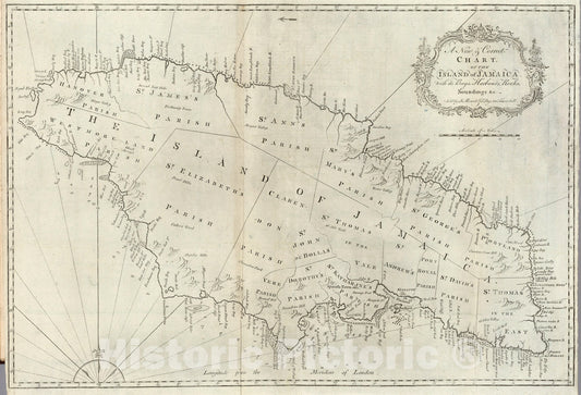 Historic Map : New & Correct Chart of the Island of Jamaica, with its Bays, Harbours, Rocks, Soundings &c., 1794, Vintage Wall Art
