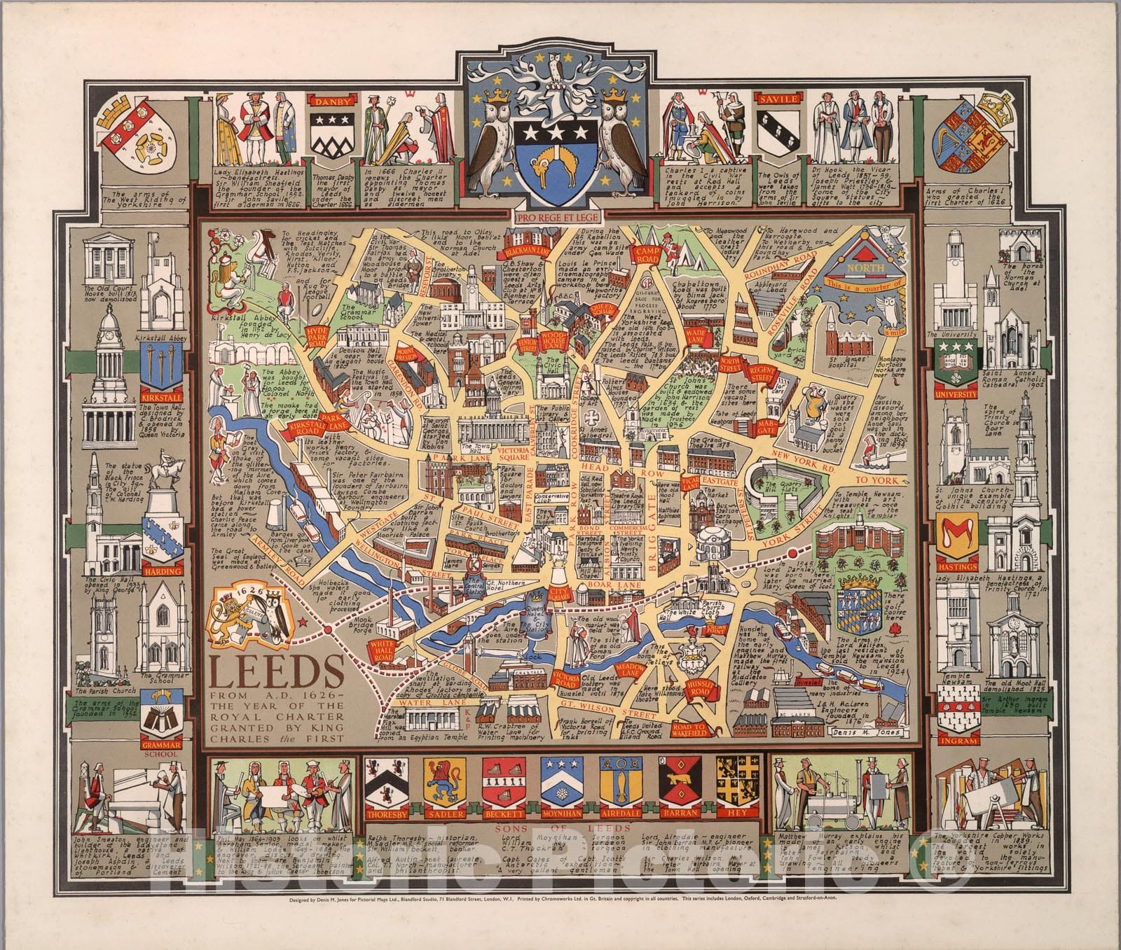 Historic Map : Leeds from A.D. 1626 - the year of the Royal Charter granted by King Charles the First., 1948, Vintage Wall Art